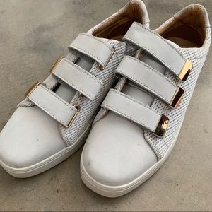 NEW White Aldo Velcro sneakers w Gold metal trim